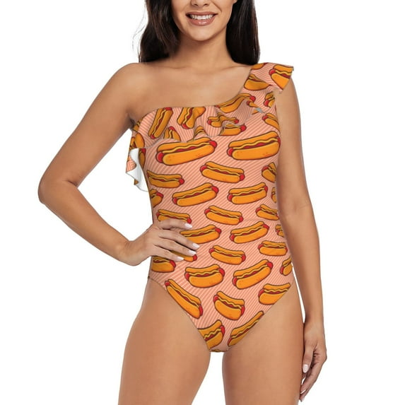 Rateoe Cartoon Hot Dog Pattern Women One Piece Swimsuits Tummy Control One Shoulder Bathing Suits Ruffle Swimwear-Medium