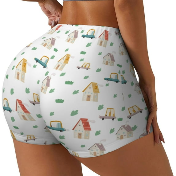 Rateoe Cartoon House Printed Power Workout Shorts for Women Tummy Control Squat Proof Ribbed Thick Seamless Scrunch Active Short-Large