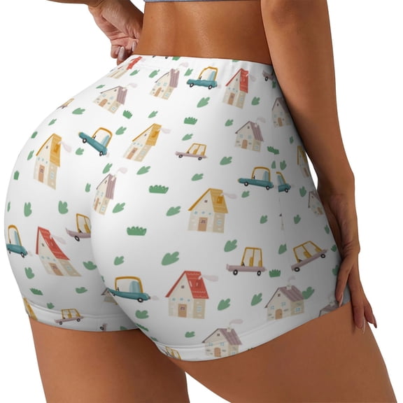 Rateoe Cartoon House Printed Power Workout Shorts for Women Tummy Control Squat Proof Ribbed Thick Seamless Scrunch Active Short-X-Large
