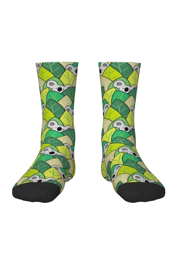 Cartoon Koala Bear and Leaf Pattern Children's Socks, Socks Gifts ,kids Crew Soft Cotton Socks , Moisture-Wicking, Durable, Ideal for Daily Wear & Sports