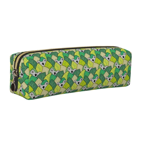 Rateoe Cartoon Koala Bear and Leaf Print Leather Pencil Case with Smooth Zipper, Compact Storage for Writing Tools & Art Supplies, 8.26" x 1.96" x 2.16"
