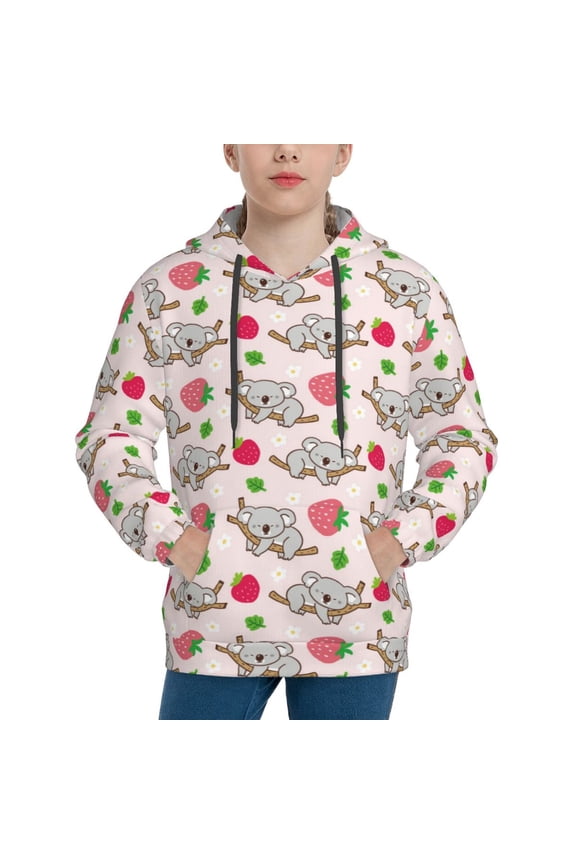 Cartoon Koala Bear Pattern Boys Hoodie, Youth Pullover Hooded Sweatshirt, Kangaroo Pocket Hoodie for Kids-Large