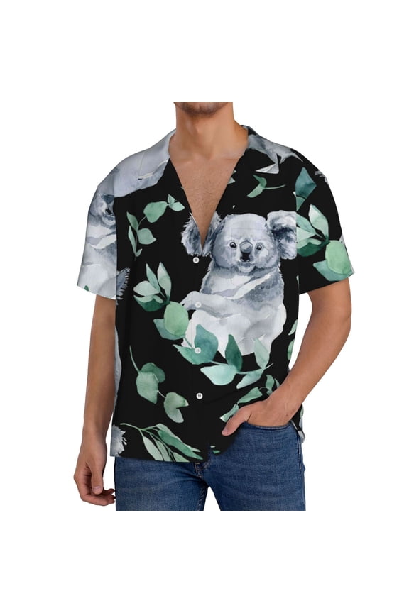 Cartoon Koala Bear Pattern Men's Short Sleeve Classic Shirt, Casual Short-Sleeved Shirt, Lightweight Summer Shirt, Cuban Collar Shirt,Button-Front Shirt-4X-Large