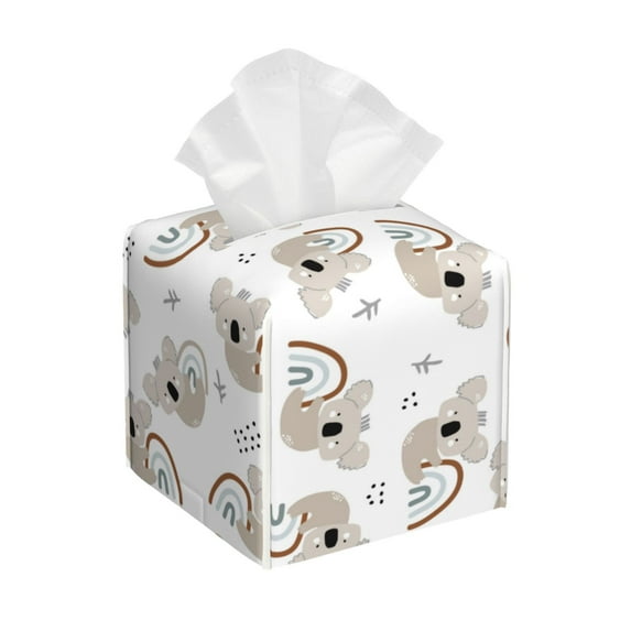 Rateoe Cartoon Koala Pattern Tissue Box Cover, Modern Square Decorative Leather Facial Paper Case Organizer Holder Dispenser 5X5X5''