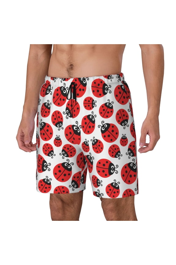 Cartoon Ladybug Pattern Men’s Swim Shorts with Compression Liner – Double-Layered Quick-Dry Swimwear, Comfortable & Stretchy Beach Shorts-Medium