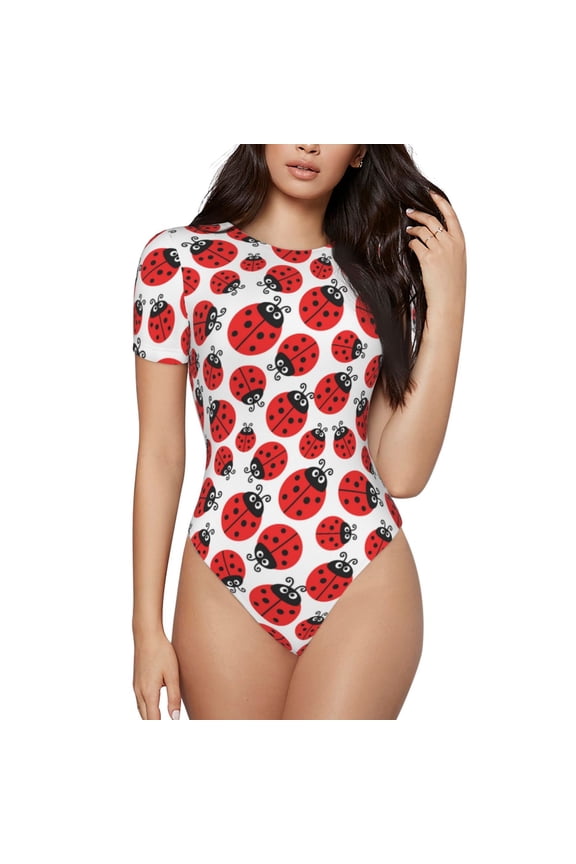 Cartoon Ladybug Printed Women Rash Guard Short Sleeve,Tummy control Swimsuit Surfing Swimsuit Bathing Suit Short-sleeved Onesie UPF 50+ -Large
