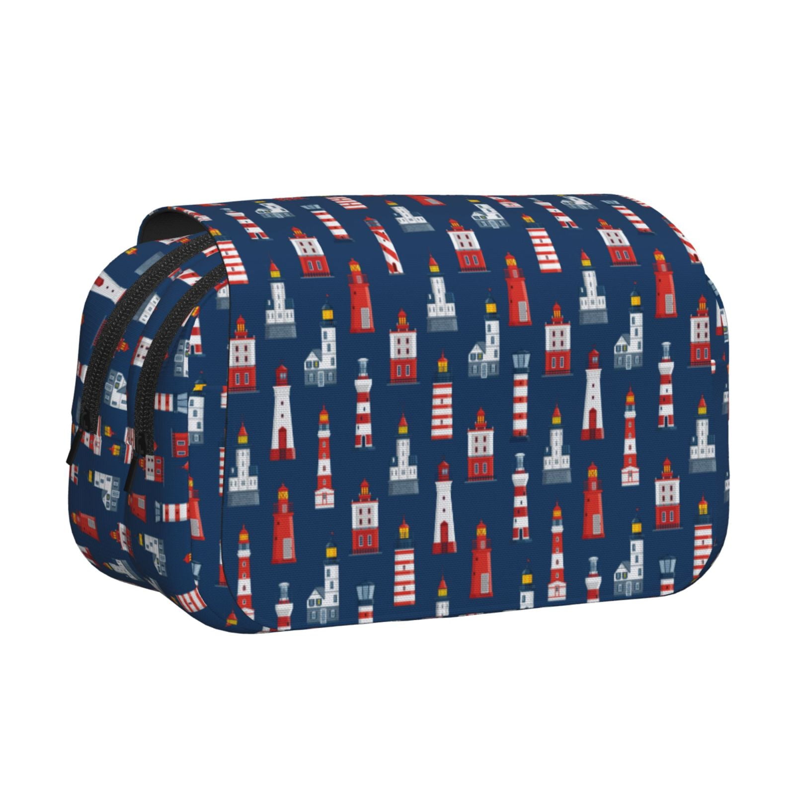 Rateoe Cartoon Lighthouse Pattern Double Clamshell Pen Case, Storage Organizer with Two Zipper Compartments– Holds Up to 50 Pencils & Pens
