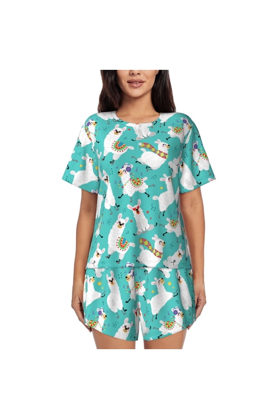 Cartoon Llamas Pattern Women's Short-Sleeved Pajama Set - 2 Piece Soft and Lightweight Sleepwear Set-X-Large