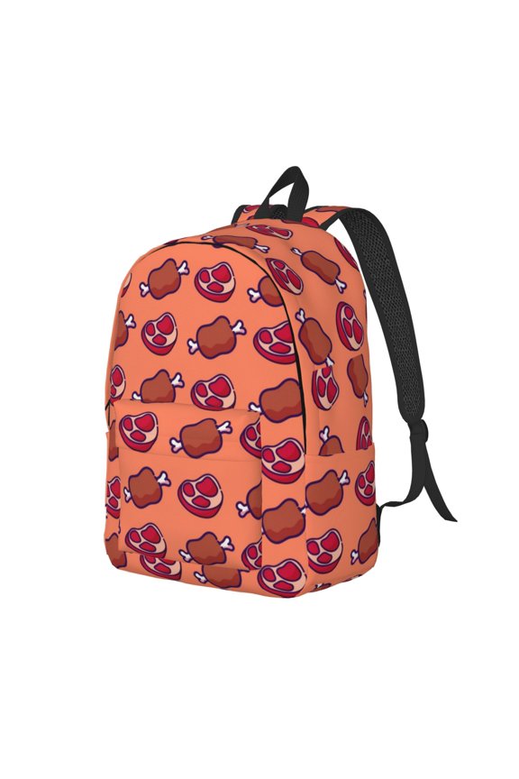 Cartoon Meat Pattern Durable Canvas Backpack for Men & Women – Stylish & Lightweight – Adjustable Straps, Multiple Pockets – Fits 15-17 Inch LaptopsSmall