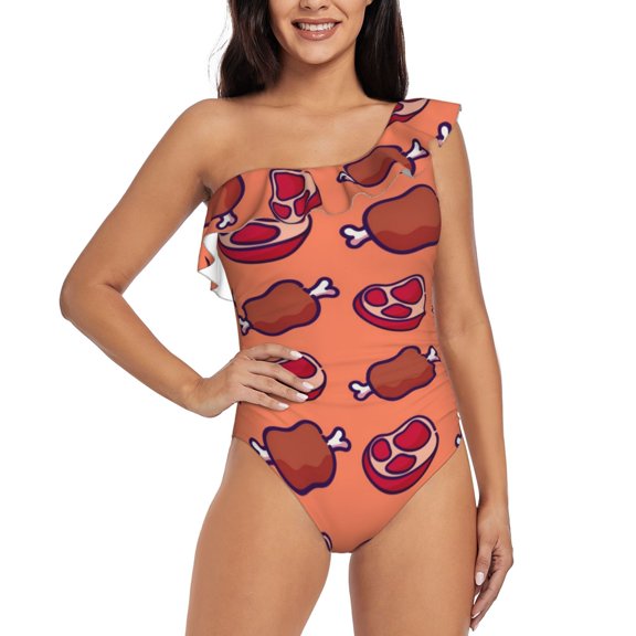Rateoe Cartoon Meat Pattern Women One Piece Swimsuits Tummy Control One Shoulder Bathing Suits Ruffle Swimwear-X-Large