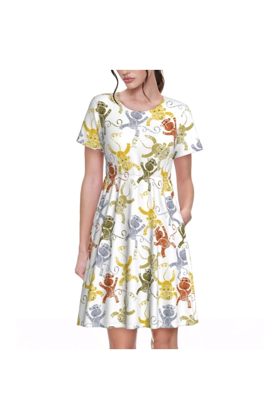 Cartoon Monkey Pattern Women’s Short Sleeve Dress – Casual Elegant Summer A-Line Dress for Everyday Wear