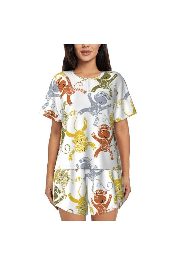 Cartoon Monkey Pattern Women's Short-Sleeved Pajama Set - 2 Piece Soft and Lightweight Sleepwear Set-
