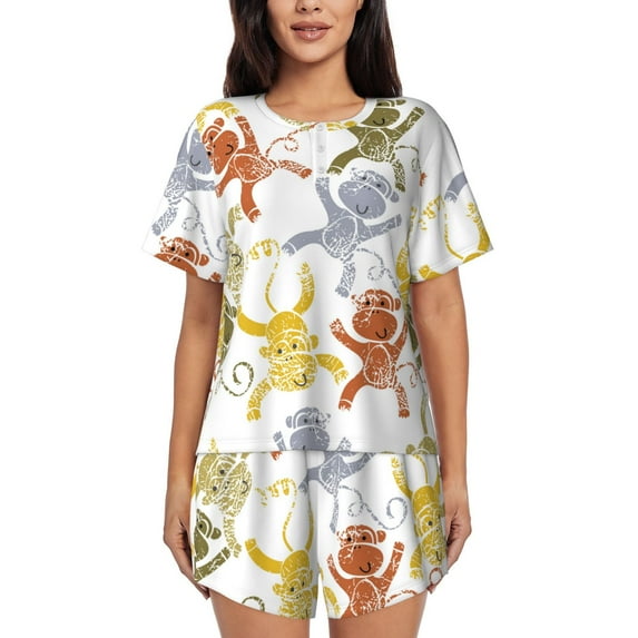 Rateoe Cartoon Monkey for 2 Piece Short Sleeves Pajama Sets Casual Lounge Sleepwear Ladies Pjs Sets with Pocket-Large