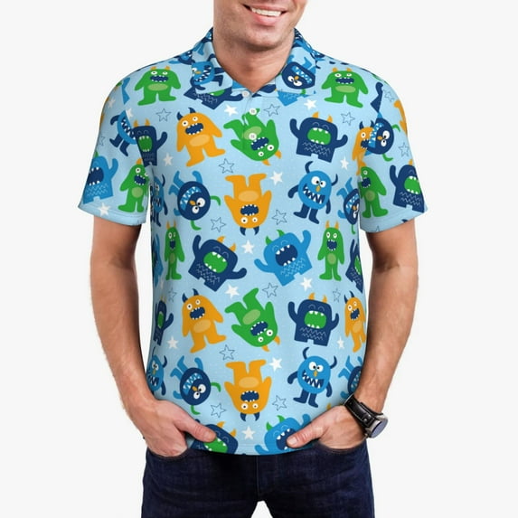 Rateoe Cartoon Monster Pattern Men's Short Sleeve Polo Shirts, Golf Polo Shirts Short Sleeve Performance Moisture Wicking Dry-Medium