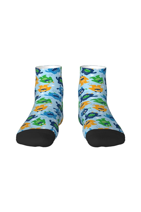 Cartoon Monster Pattern Quarter Crew Socks,Toe Seamed Ankle Socks,Cotton Cushioned Breathable Athletic Crew Sports Socks