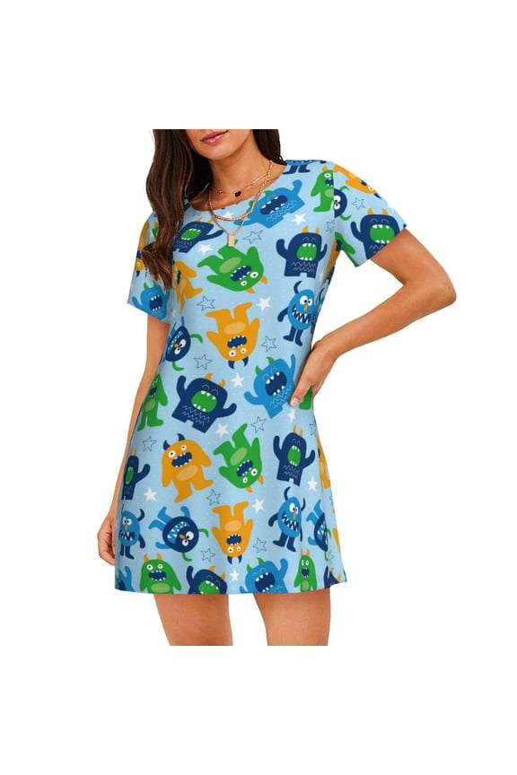 Cartoon Monster Print Women’s Nightdress – Cozy Cotton Short-sleeved Sleep Shirt, Loose-Fit Sleepwear, Perfect for Relaxing and Sleeping