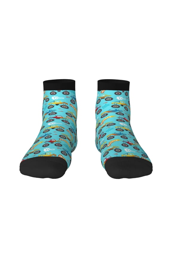 Cartoon Monster Truck Pattern Quarter Crew Socks,Toe Seamed Ankle Socks,Cotton Cushioned Breathable Athletic Crew Sports Socks
