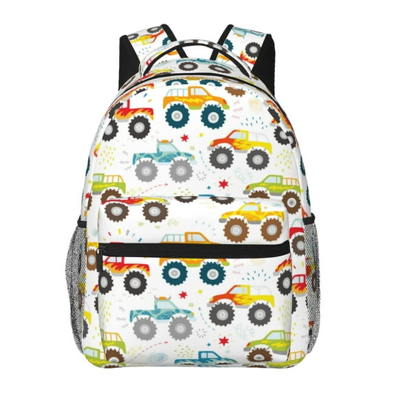 Rateoe Cartoon Monster Trucks Pattern Casual Backpack for School, Work, Travel – Adjustable Straps, Multiple Compartments – Ergonomic Design, Fits Laptops and Tablets