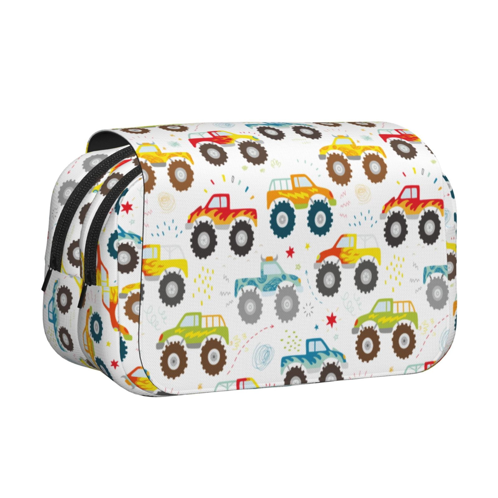 Rateoe Cartoon Monster Trucks Pattern Double Clamshell Pen Case, Storage Organizer with Two Zipper Compartments– Holds Up to 50 Pencils & Pens