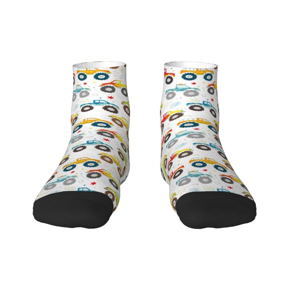 Rateoe Cartoon Monster Trucks Pattern Quarter Crew Socks,Toe Seamed Ankle Socks,Cotton Cushioned Breathable Athletic Crew Sports Socks