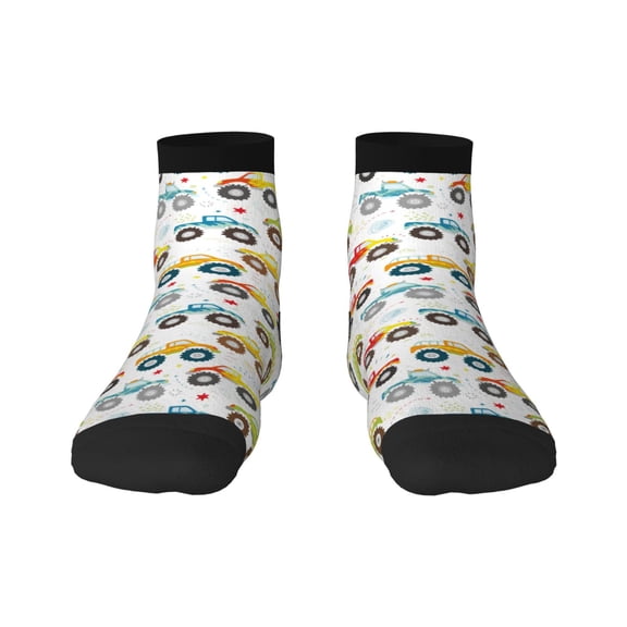 Rateoe Cartoon Monster Trucks Pattern Quarter Crew Socks,Toe Seamed Ankle Socks,Cotton Cushioned Breathable Athletic Crew Sports Socks