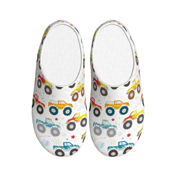 Rateoe Cartoon Monster Trucks Print Women's Men's Cotton Knit Slippers Lightweight Memory Foam Indoor House Shoes with Anti-Skid Sole-35/36