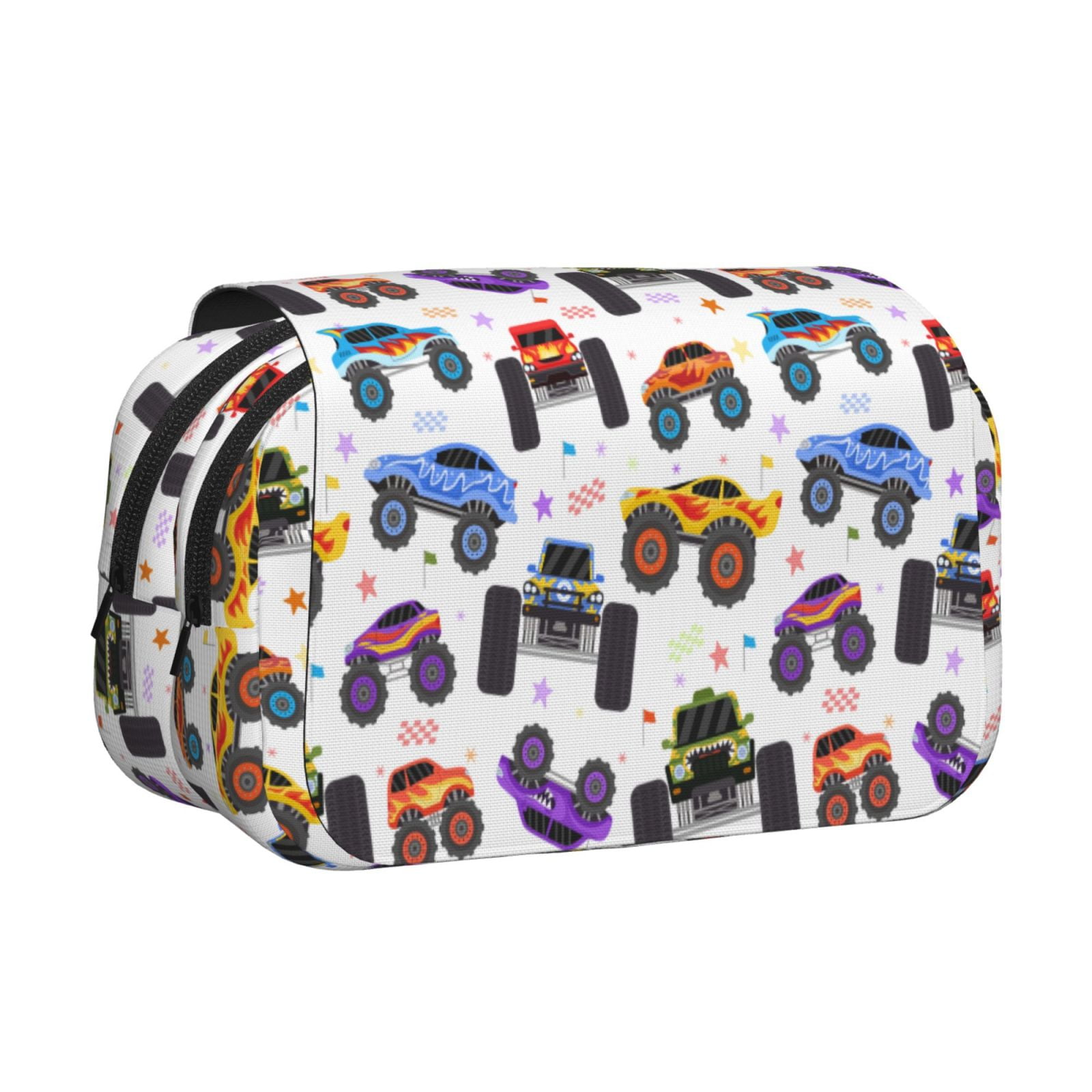 Rateoe Cartoon Monster Trucks1 Pattern Double Clamshell Pen Case, Storage Organizer with Two Zipper Compartments– Holds Up to 50 Pencils & Pens