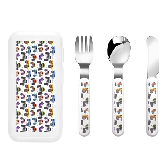 Rateoe Cartoon Monster Trucks1 for Stainless Steel Kids Silverware Set - Child and Toddler Safe Flatware - Children's Knife, Fork And Spoon Set