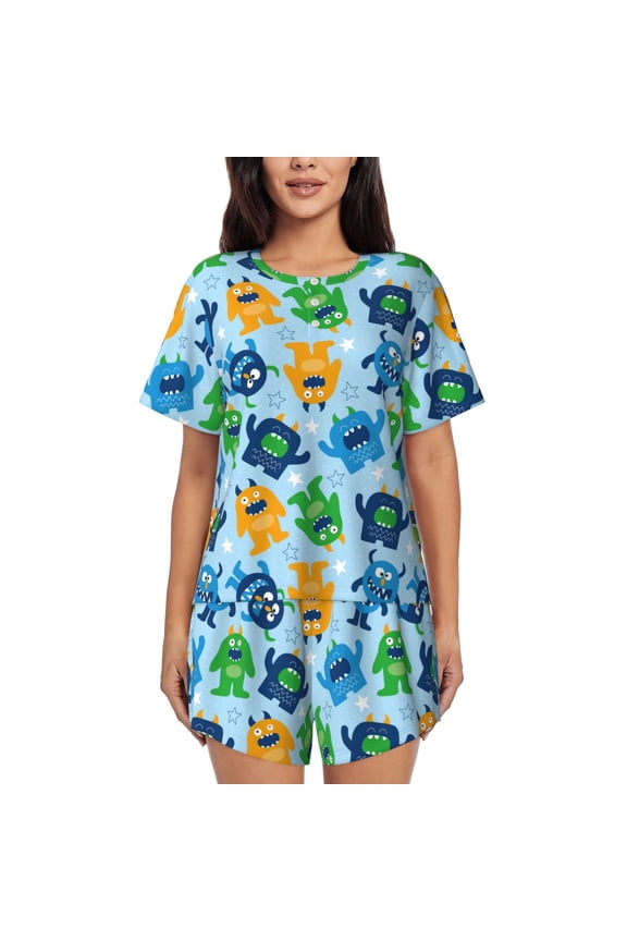 Cartoon Monster for 2 Piece Short Sleeves Pajama Sets Casual Lounge Sleepwear Ladies Pjs Sets with Pocket-Medium