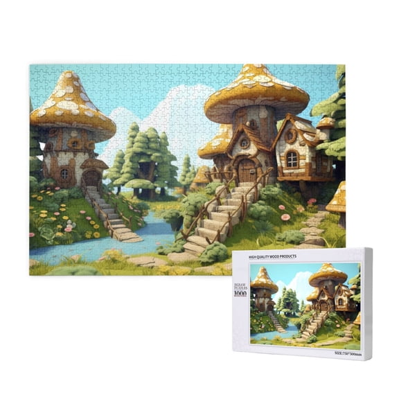 Rateoe Cartoon Mushroom House Pattern Wooden Picture Puzzle ,1000 Piece Jigsaw Puzzle ,Family Fun Puzzle, Home Dcor Puzzle, Gift Puzzle(Horizontal style)