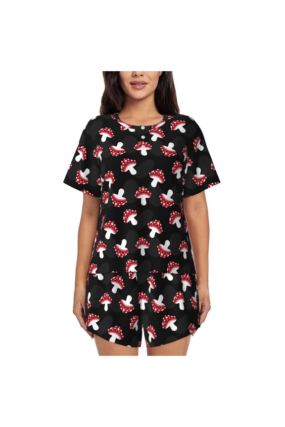 Cartoon Mushroom Pattern Women's Short-Sleeved Pajama Set - 2 Piece Soft and Lightweight Sleepwear Set-X-Large