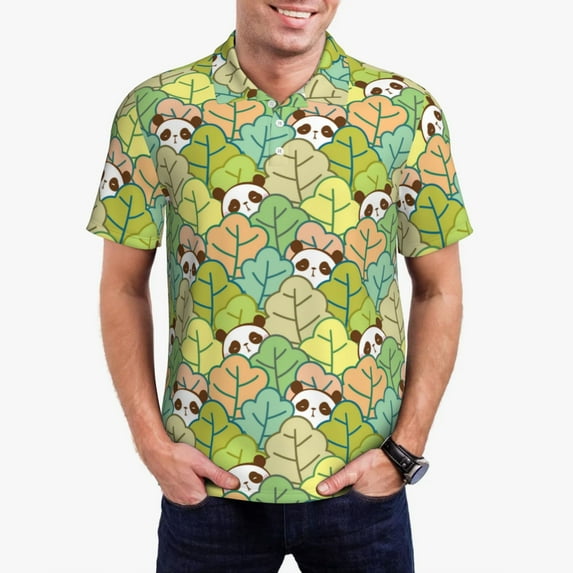 Rateoe Cartoon Panda And Leaf Pattern Men's Short Sleeve Polo Shirts, Golf Polo Shirts Short Sleeve Performance Moisture Wicking Dry-X-Large