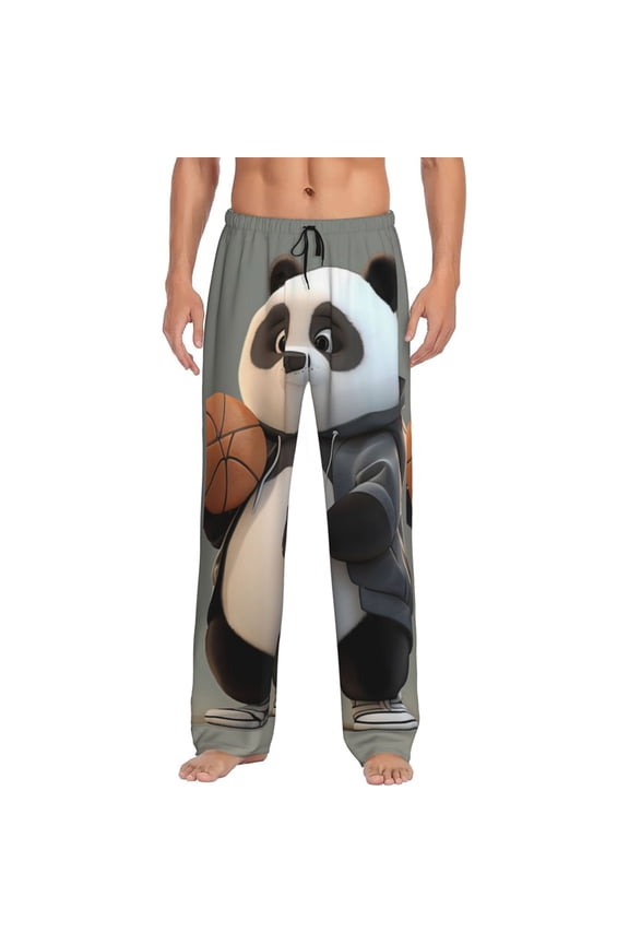 Cartoon Pandas Basketball Pattern Men’s Ultra-Soft Comfy Pajama Lounge Pants Sleepwear,Comfortable Lounge Wear,lightweight Pajamas, Casual Home Wear-Large