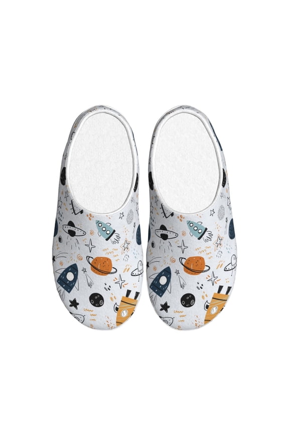 Cartoon Planets Print Women's Men's Cotton Knit Slippers Lightweight Memory Foam Indoor House Shoes with Anti-Skid Sole-46/47