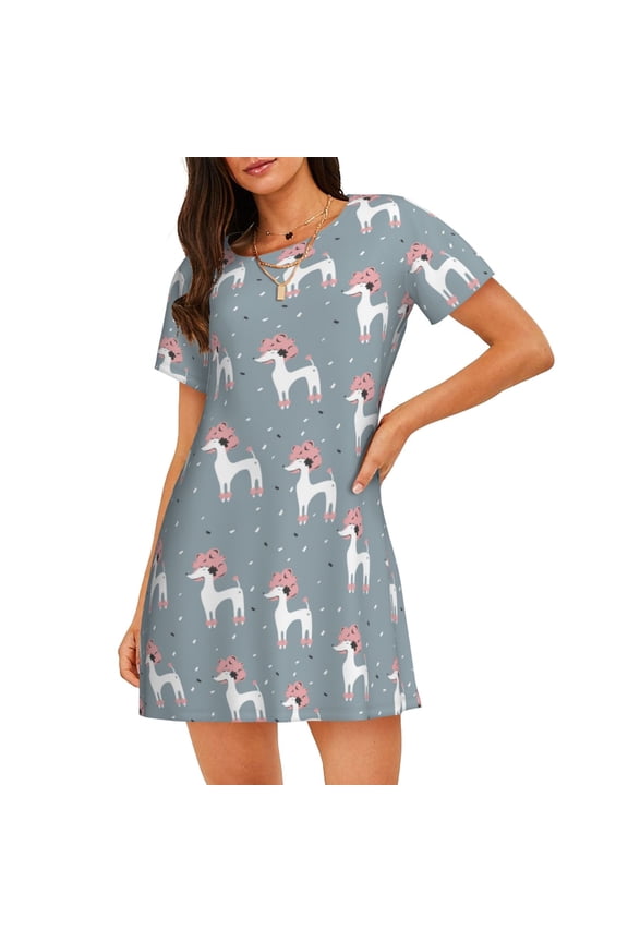 Cartoon Poodle Dog Print Women’s Nightdress – Cozy Cotton Short-sleeved Sleep Shirt, Loose-Fit Sleepwear, Perfect for Relaxing and Sleeping