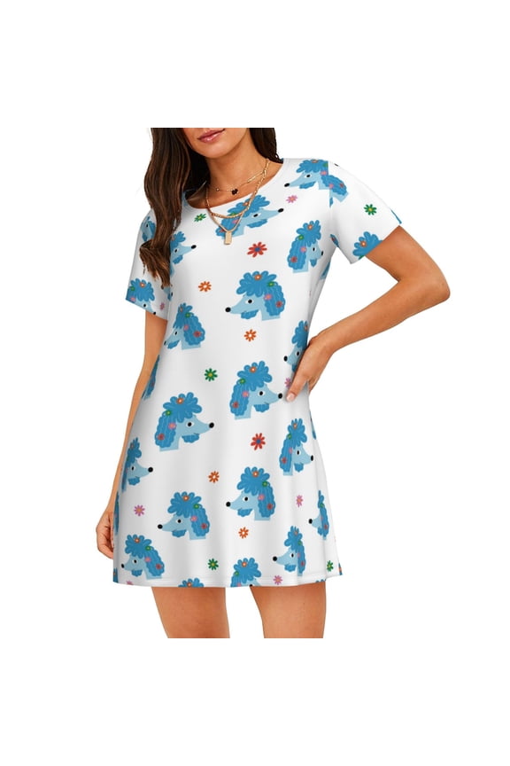 Cartoon Poodle Dog Print Women’s Nightdress – Cozy Cotton Short-sleeved Sleep Shirt, Loose-Fit Sleepwear, Perfect for Relaxing and Sleeping