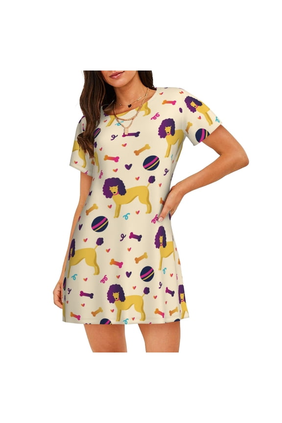 Cartoon Poodle Dog Print Women’s Nightdress – Cozy Cotton Short-sleeved Sleep Shirt, Loose-Fit Sleepwear, Perfect for Relaxing and Sleeping