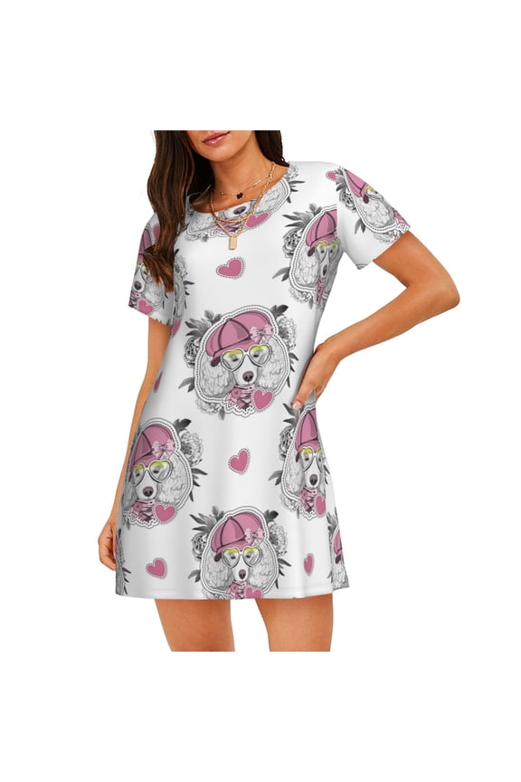 Cartoon Poodle Dog Print Women’s Nightdress – Cozy Cotton Short-sleeved Sleep Shirt, Loose-Fit Sleepwear, Perfect for Relaxing and Sleeping