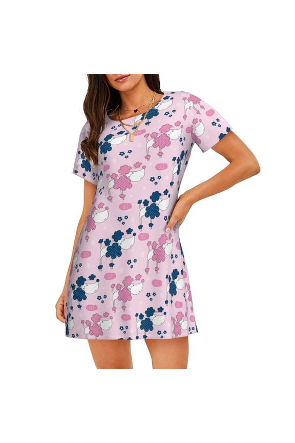 Cartoon Poodle Dog Print Women’s Nightdress – Cozy Cotton Short-sleeved Sleep Shirt, Loose-Fit Sleepwear, Perfect for Relaxing and Sleeping