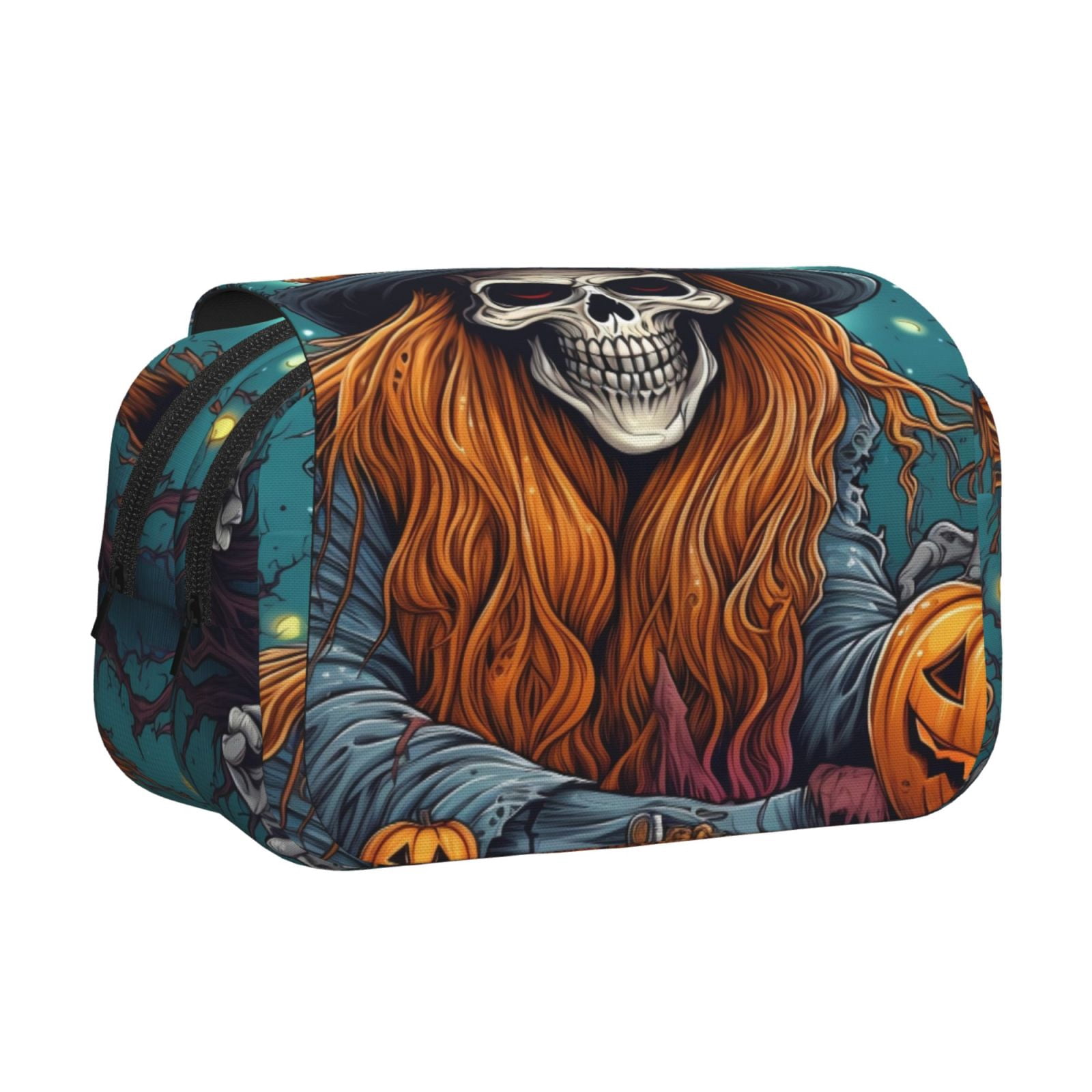 Rateoe Cartoon Pumpkin Skull Pattern Double Clamshell Pen Case, Storage Organizer with Two Zipper Compartments– Holds Up to 50 Pencils & Pens