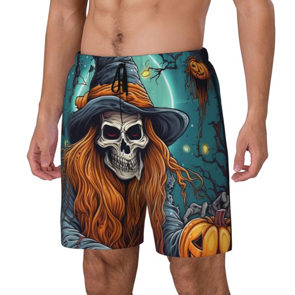 Rateoe Cartoon Pumpkin Skull Pattern Men’s Swim Shorts with Compression Liner – Double-Layered Quick-Dry Swimwear, Comfortable & Stretchy Beach Shorts-Large