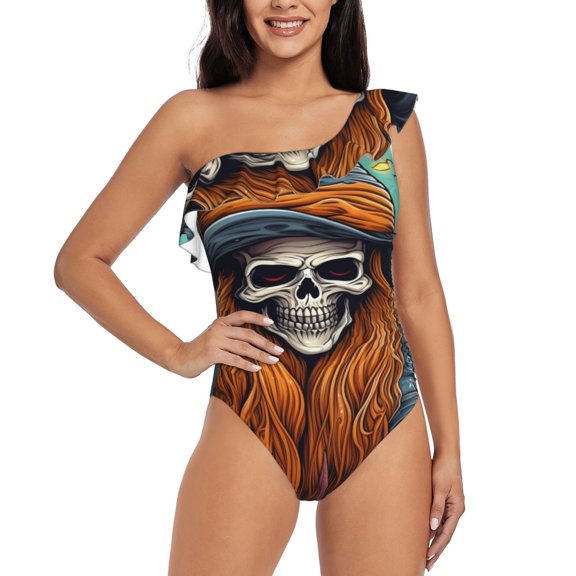 Rateoe Cartoon Pumpkin Skull Pattern Women One Piece Swimsuits Tummy Control One Shoulder Bathing Suits Ruffle Swimwear-XX-Large