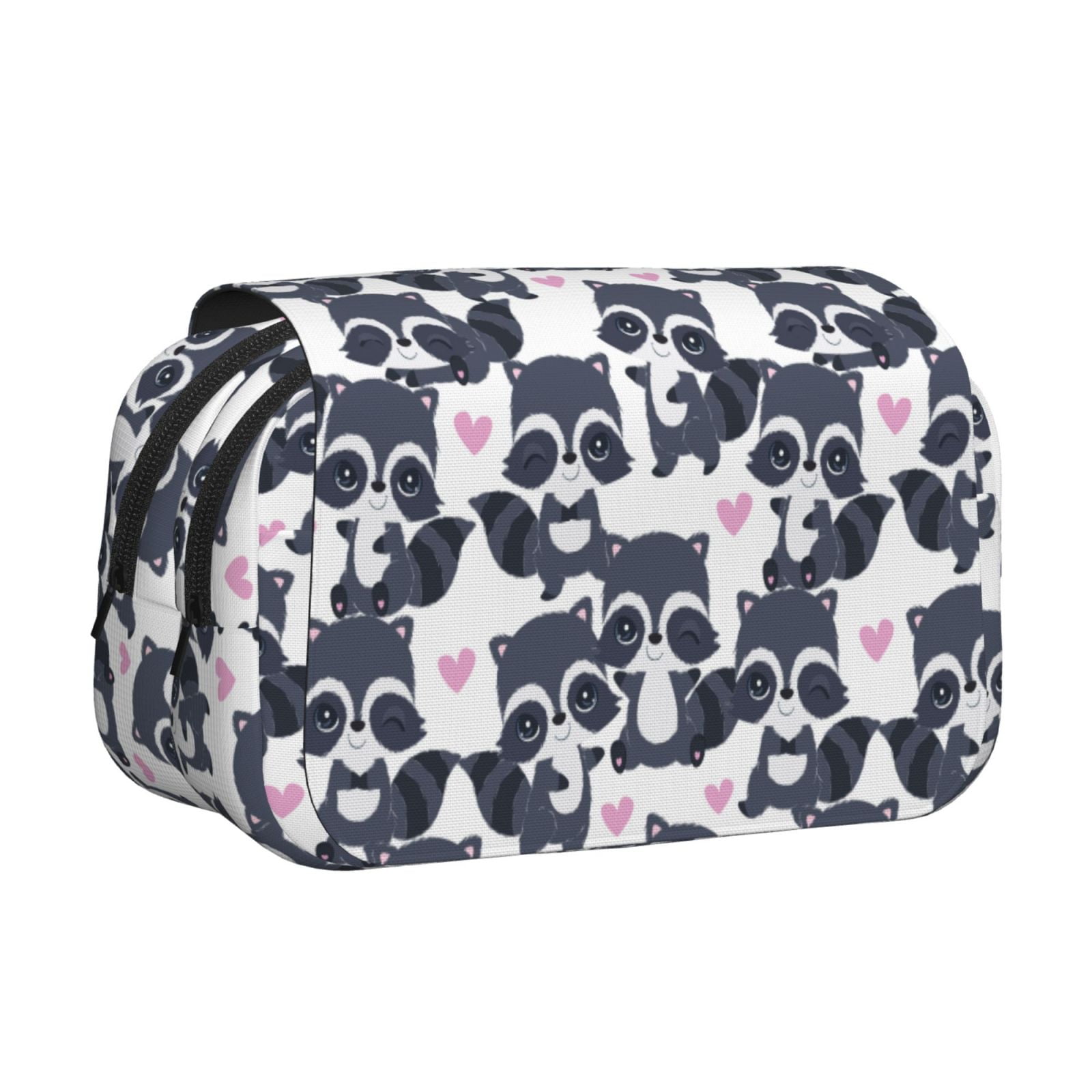 Rateoe Cartoon Raccoon Pattern Double Clamshell Pen Case, Storage Organizer with Two Zipper Compartments– Holds Up to 50 Pencils & Pens