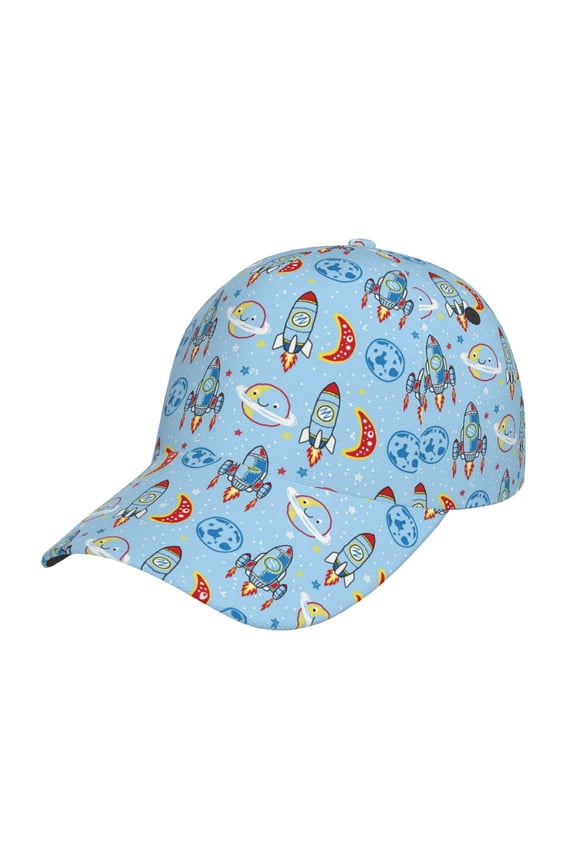 Cartoon Rocket With Space Pattern Mens Baseball Cap Adjustable Curved Brim Hat, Soft Cotton Sports Cap for Outdoor, Casual, and Everyday Wear, Comfortable & Breathable