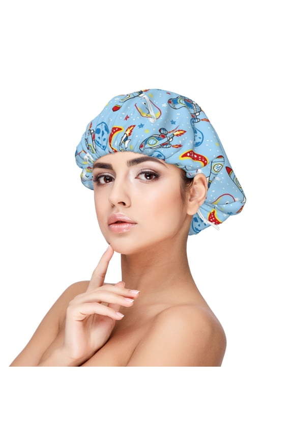 Cartoon Rocket With Space Pattern Silk Satin Hair Bonnet for Sleeping, Adjustable Sleep Cap Turban for Women , Curly Straight Hair Long Large Braid