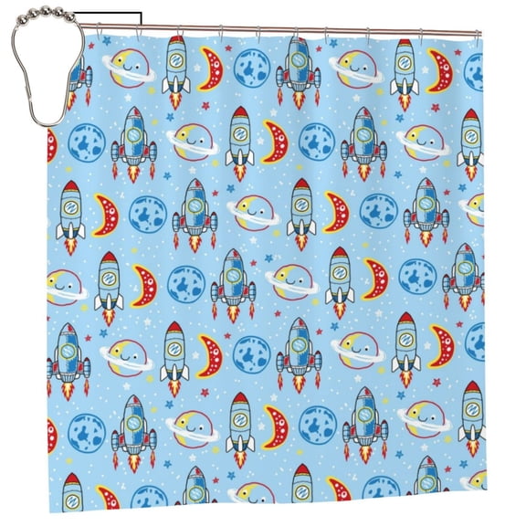 Rateoe Cartoon Rocket With Space Shower Curtain - Fancy Bathroom Shower Curtain Sets - Waterproof Shower Curtain with Hooks with 12 Plastic Hooks 72x72 Inches