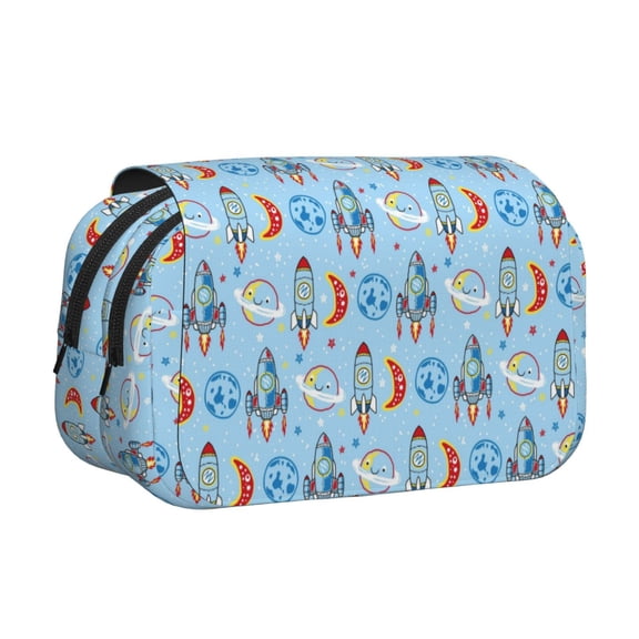 Rateoe Cartoon Rocket With Space Pattern Double Clamshell Pen Case, Storage Organizer with Two Zipper Compartments Holds Up to 50 Pencils & Pens