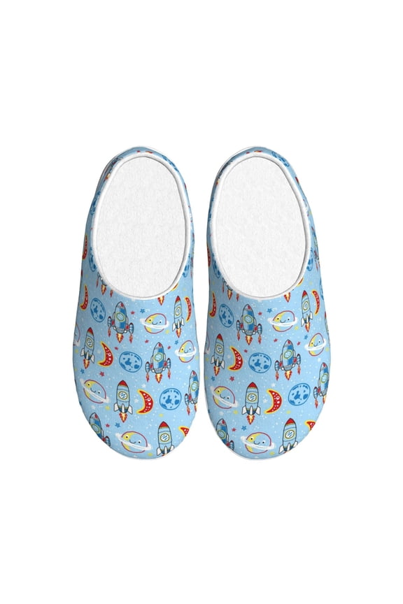 Cartoon Rocket With Space Print Women's Men's Cotton Knit Slippers Lightweight Memory Foam Indoor House Shoes with Anti-Skid Sole-37/38