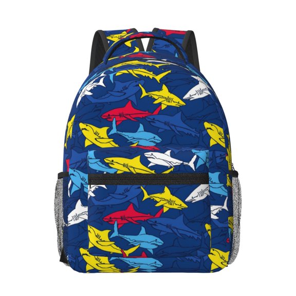 Rateoe Cartoon Shark Pattern Durable Student Backpack Laptop Bag- Ergonomic Design, Waterproof Twill Fabric - Ideal for School, Travel, and Outdoor Activities
