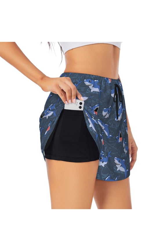Cartoon Shark Printed 2 in 1 Women's Workout Shorts for Athletic Gym Running Shorts with Phone Pockets-Medium